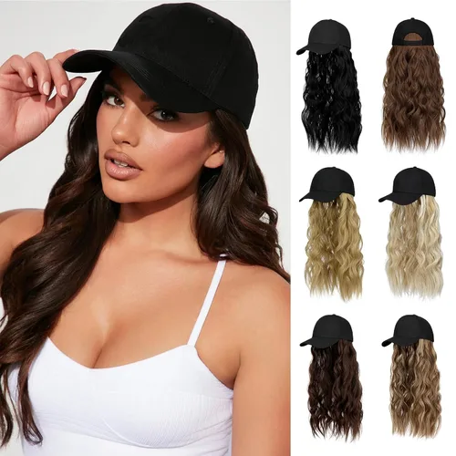 Vista 10 de Peluca de gorra de béisbol para mujer, gorra de béisbol con extensiones de cabello, gorra ajustable adjunta de 24 pulgadas de largo, ondulada