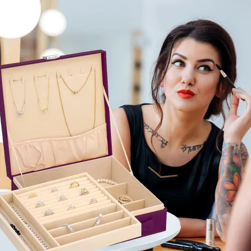 Vista 3 de Shop LC Joyero de terciopelo morado para mujer, organizador grande con soporte para aretes, exhibición de collares, almacenamiento de anillos