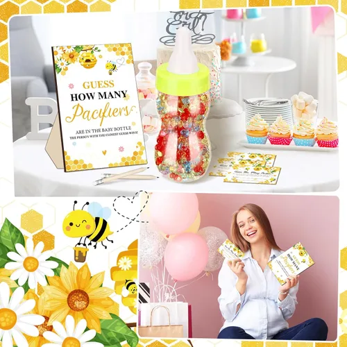 Vista 6 de Syhood 472 piezas de juegos de baby shower de abejas Adivina cuántos chupetes signo de juego 50 pequeños juegos de adivinanzas 20 lápices HB botella