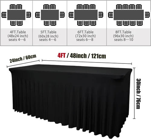 Vista 2 de Paquete de 2 Faldones de Mesa Rectangulares Negros, 48L x 24A x 30Al Pulgadas, Manteles Ajustados de Spandex Elástico, Resistentes a las Arrugas