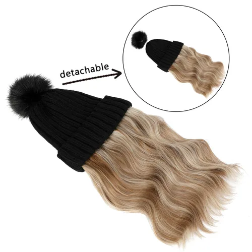 Vista 10 de Gorro para mujer con pelo adjunto, gorro de punto cálido con pompón unido de 14 pulgadas de largo, ondulado, extensiones de cabello rizado, postizo