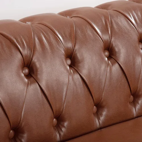 Vista 6 de Sofá Chesterfield de 3 plazas de 85 pulgadas, moderno sofá tapizado de piel sintética con brazo trasero copetudo, patas de madera negra, para Marrón