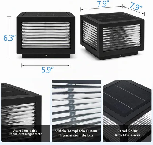 Vista 6 de Luces solares para postes al aire libre, 7.9 pulgadas, luz cuadrada de columna grande con control remoto [S] 7.9"×6.3