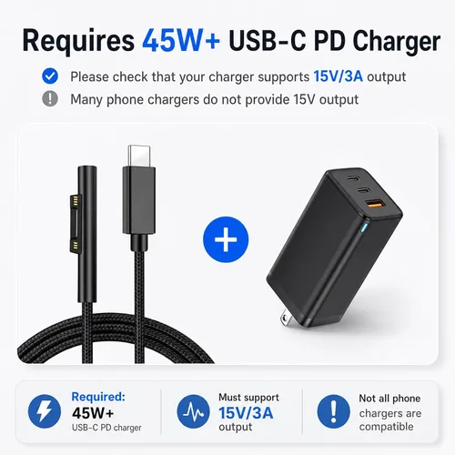 Vista 5 de Sisyphy Surface Connect to USB C Cable de carga trenzado de nailon de 6 pies, compatible con Microsoft Surface Pro 11/10/7/6/5/4/3 Go3/2/1
