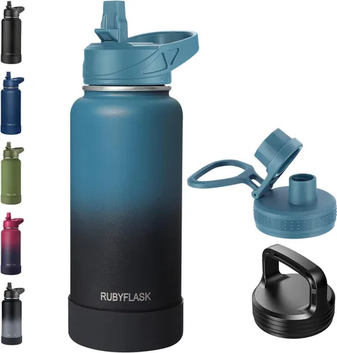 Vista 28 de RUBYFLASK - Botella de agua aislada con pajilla, jarra de agua al vacío de acero inoxidable, 24 onzas, botella con 3 tapas a prueba de fugas