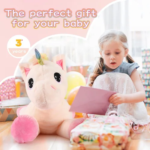Vista 2 de Tezituor Juguetes de unicornio de peluche de 32 pulgadas, animales de unicornio gigante beige de peluche, encantadoras decoraciones de peluche