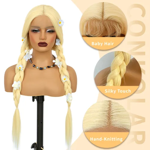 Vista 3 de Peluca rubia sintética con encaje frontal, predepilada 613, peluca de cabello largo para mujer, peluca sedosa y recta con parte media sin pegamento