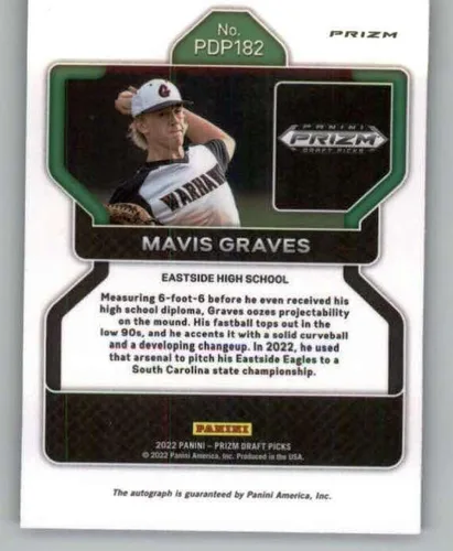 Vista 2 de 2022 Panini Prizm Draft Picks Prizms Neon Pink Velocity #182 Mavis Graves RC Rookie High School Baseball Trading Card