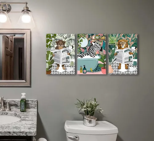 Vista 7 de 3 piezas de lienzo de animales de la selva para baño, arte de pared de cebra en la bañera, imágenes de mono león en el inodoro, lectura
