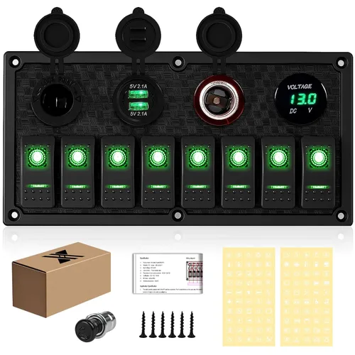Vista 30 de Panel de interruptores de barco marino de 5 posiciones con cargador USB dual y voltímetro, panel de interruptores basculantes de aluminio