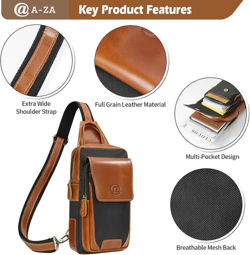 Vista 4 de Bolso bandolera de cuero genuino para hombre, mochila cruzada de cuero de grano completo para hombre, riñoneras, bolsa de pecho