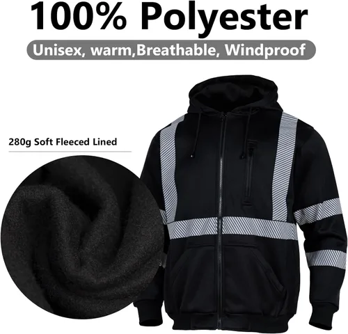 Vista 4 de VENDACE Alta visibilidad ANSI Clase 3 Reflectante de Seguridad Fleece Sudadera con capucha para hombres Hi Vis Sudaderas Chaqueta con cremallera
