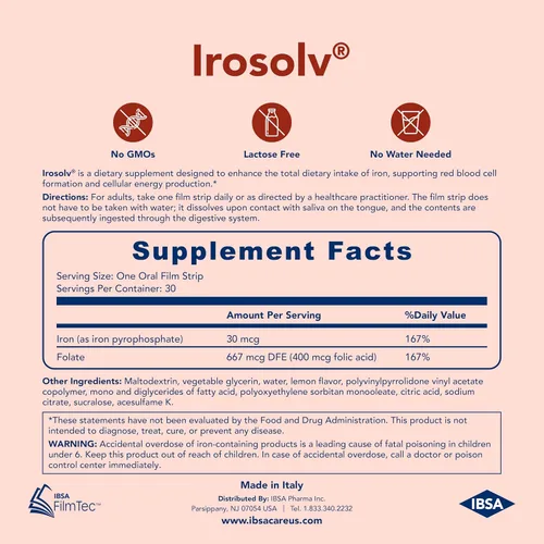 Vista 5 de Irosolv – IBSA Iron - Suplemento Dietético – 30 mg de Hierro 400 mcg de Ácido Fólico - 30 Películas de Disolución Oral para Liberación Inmediata