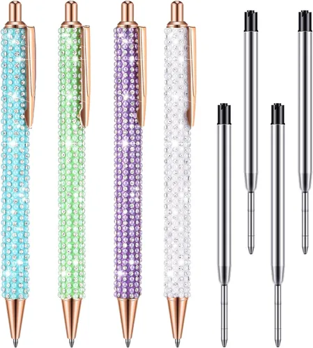 Vista 11 de Ireer 4 bolígrafos brillantes de diamantes de imitación para mujer, bolígrafo de tinta de metal con purpurina de cristal con 4 recambios de 0.039
