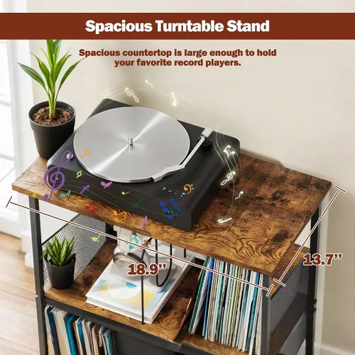 Vista 6 de Soporte para tocadiscos, soporte para discos de vinilo de 3 niveles, soporte giratorio con 2 separadores y 4 pies ajustables, mesa para tocadiscos