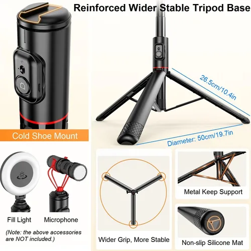 Vista 4 de Trípode para selfie stick para iPhone, trípode ligero de 72 pulgadas con control remoto inalámbrico y soporte de zapata fría, palo selfie extensible