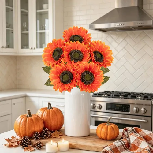 Vista 4 de Girasoles artificiales de seda grandes de color naranja, flores de otoño artificiales de tallo largo de 26 pulgadas, 6 piezas de girasoles falsos