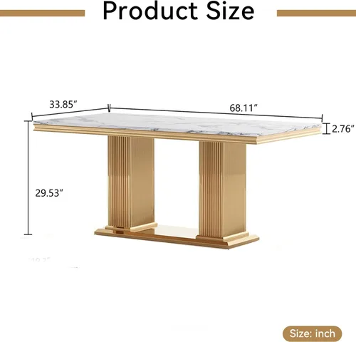 Vista 2 de Mesa de comedor de mármol blanco de 70 pulgadas para 4 a 6, moderna mesa de cocina rectangular de mármol sintético con base de doble columna
