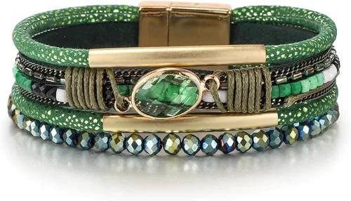 Vista 22 de Edoneery - Pulsera envolvente de cuero para mujer, brazalete de puño de múltiples capas hecho a mano estilo bohemio con cuentas de cristal