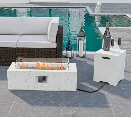 Vista 12 de HOMPUS Fogata de propano para exteriores, 40,000 BTU de 28 pulgadas, mesa redonda de hormigón de terrazo blanco con rocas de lava y cubierta