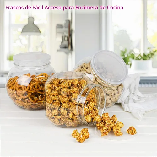Vista 4 de Paquete de 3 tarros de plástico para caramelos, tarros redondos de 48 onzas con tapas para bufé de dulces, cocina y escritorio de oficina, tarros