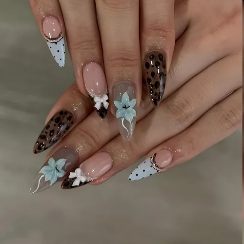 Vista 13 de Uñas postizas largas a presión, color negro, diseño francés y floral, 24