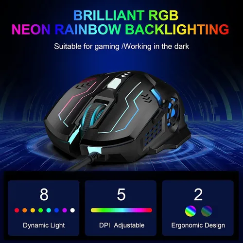 Vista 2 de GK-XLI Mouse para juegos con cable, RGB para computadora con cable USB con modo de retroiluminación Chroma, mouse ergonómico DPI ajustable de alta
