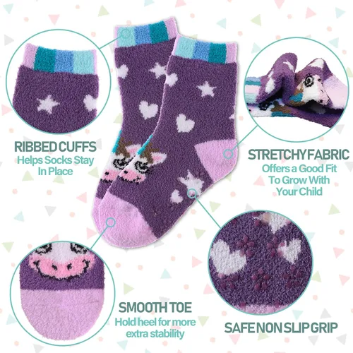 Vista 4 de LINEMIN Calcetines peludos para niños y niñas con agarres, antideslizantes, calcetines acogedores y esponjosos para invierno, calcetines cálidos