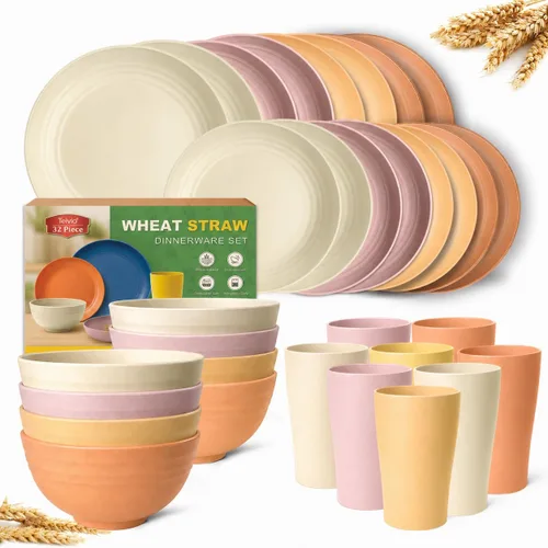 Vista 23 de Teivio Juego de vajilla de plástico de paja de trigo de 32 piezas para cocina, servicio para 8, platos, cuencos y tazas irrompibles, vajilla