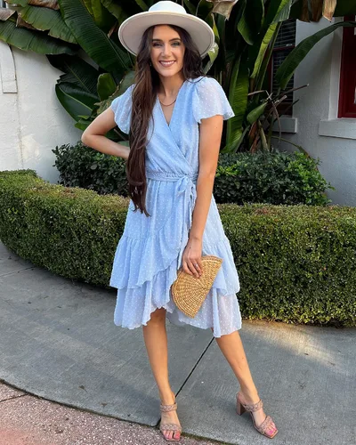 Vista 8 de BTFBM Vestidos casuales con cuello en V para mujer, estilo bohemio, manga corta, gasa, lunares suizos, cinturón y volantes, vestido de fiesta