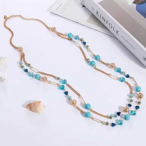Vista 5 de Bocar Collar de cuentas, collar de cadena de eslabones largos de 2 capas, cuentas de cristal para mujer, gargantilla, regalo de joyería