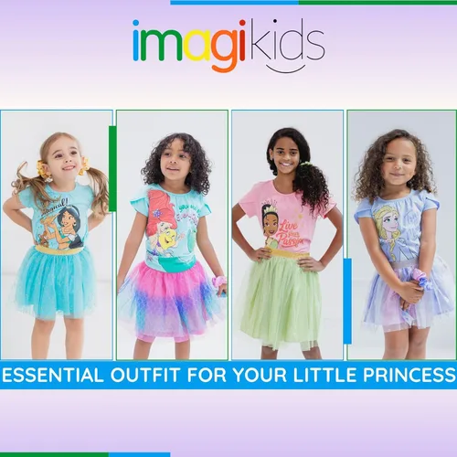 Vista 2 de Disney Princess Moana Frozen - Conjunto de 3 piezas de camiseta de tul con falda de malla y coletero para niñas pequeñas y grandes
