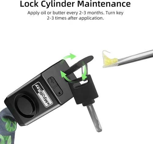 Vista 6 de Candado de cadena para bicicleta con alarma E Scooter Lock alarma antirrobo 110dB 4ft seguridad resistente con cable USB C y 3 llaves para Verde