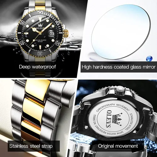 Vista 4 de OLEVS Relojes para hombre con fecha, de lujo, de cara grande, impermeable, reloj analógico, de acero inoxidable, dos tonos, reloj luminoso