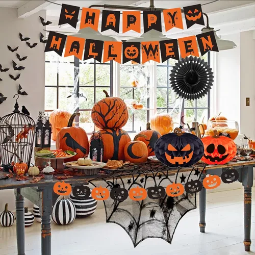 Vista 3 de Kit de decoración de fiesta de Halloween para interiores con bolas de papel de panal y abanicos, bufanda de mantel de chimenea, camino de mesa