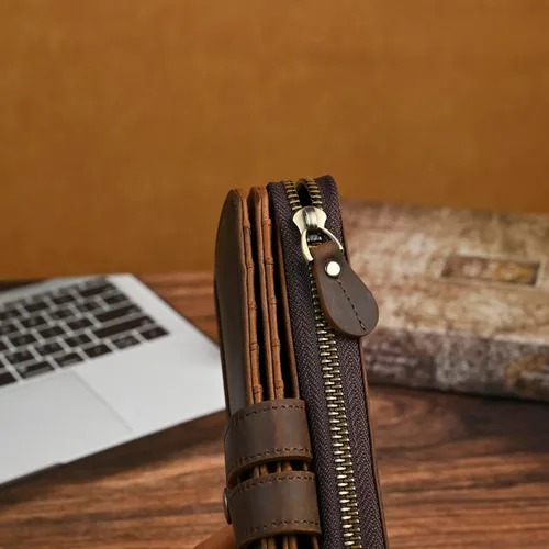 Vista 26 de Genuino Caballo Loco Cuero Regalo de Viaje Moneda Bolsillo Tarjetero Organizador Largo Cadena Rfid Cartera Monedero Con Broche Para Hombres Hombres