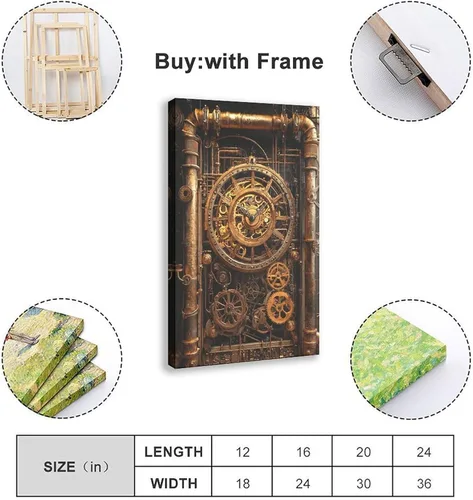Vista 2 de ZMLIS Arte de pared con engranajes de reloj Steampunk, impresión mecánica victoriana de latón y cobre, póster industrial retro de ciencia ficción
