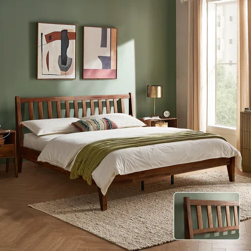 Vista 20 de mopio Ted - Marco de cama con cabecero, marco de cama de plataforma de madera maciza de acacia moderna de mediados de siglo, listones de madera, sin