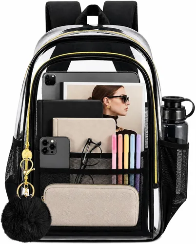 Vista 19 de AGSDON Mochila transparente, resistente bolsa transparente para libros, mochilas de PVC transparente para mujeres y hombres 17 negro transparente