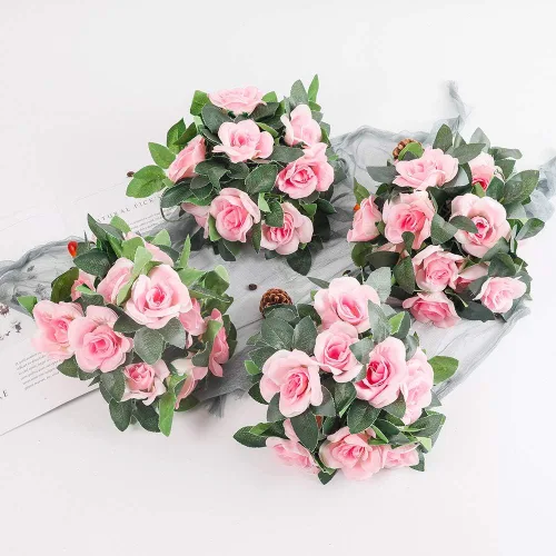 Vista 2 de LESING Guirnalda de rosas artificiales, 4 unidades (28.8 pies), guirnalda de flores de seda falsa con plantas verdes, guirnaldas de flores colgantes