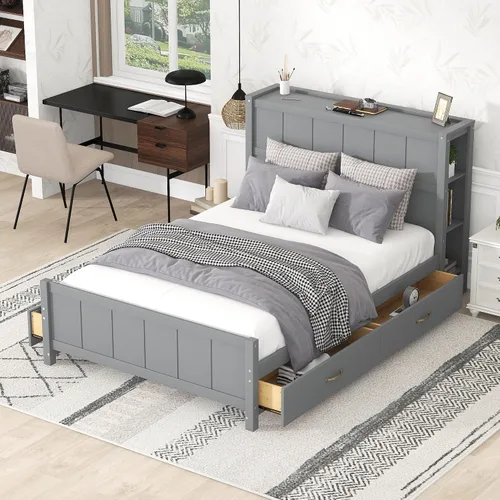 Vista 12 de Cama de plataforma de tamaño matrimonial con cajones y estantes de almacenamiento, base de cama de madera maciza, base de colchón con cabecera