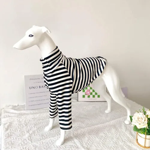 Vista 2 de Greyhound Clothes - Overol básico de algodón suave con cuello alto y rayas, chaleco de manga larga, pijama elástico para perro galgo, Whippet Negro