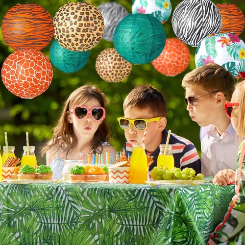 Vista 4 de Buryeah Juego de 20 piezas de decoración de cumpleaños con temática de selva, 12 linternas de papel con estampado de animales, 6 fundas de mesa
