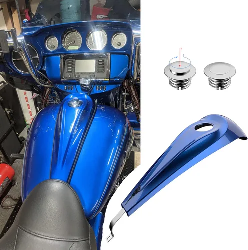 Vista 52 de Consola de tanque de perfil bajo para Harley Touring 2008+, whisky ámbar, panel de combustible de tablero liso y tapa de tanque de gasolina cromada