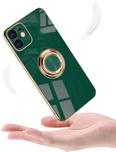 Vista 8 de aowner Funda compatible con iPhone 12 Pro Max con anillo chapado brillante, borde de oro rosa, soporte de rotación de 360 grados para mujeres y Negro