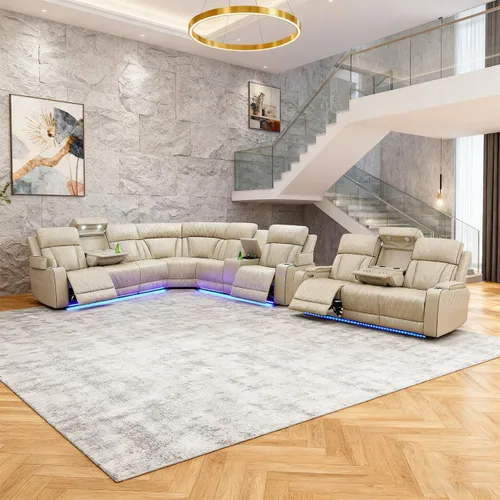 Vista 28 de Juego de sofá modular reclinable eléctrico para sala de estar, juego de sofá reclinable de cuero con luces LED / almacenamiento oculto, sofá