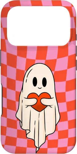Vista 30 de Funda para iPhone 17 de San Valentín Retro Ghost Hugging Heart Checkerboard Rosa Rojo