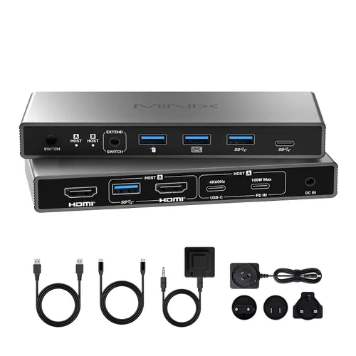 Vista 10 de MINIX KVM KVM USB C K1 1 Monitores 2 Computadoras, 4K @120Hz HDR, 100W PD 3.0, Conmutadores KVM de entrada dual USB-C, teclado y mouse compartidos