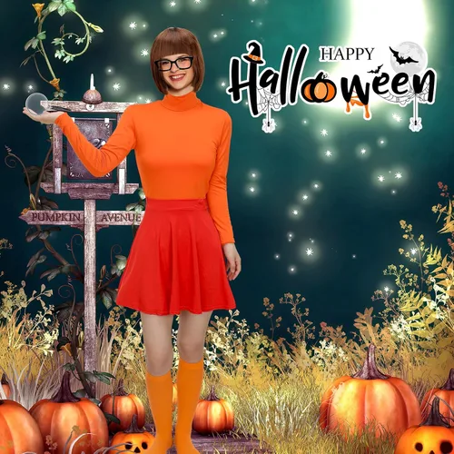 Vista 4 de Hercicy Disfraz naranja de Halloween para adultos, peluca estilo Bob, cuello alto, falda patinadora, gafas y calcetines para mujer, cosplay