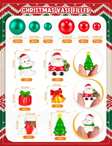 Vista 6 de 100 piezas de decoraciones de relleno de jarrón de Navidad, rellenos de jarrones flotantes rojos y verdes para decoración de centros de mesa